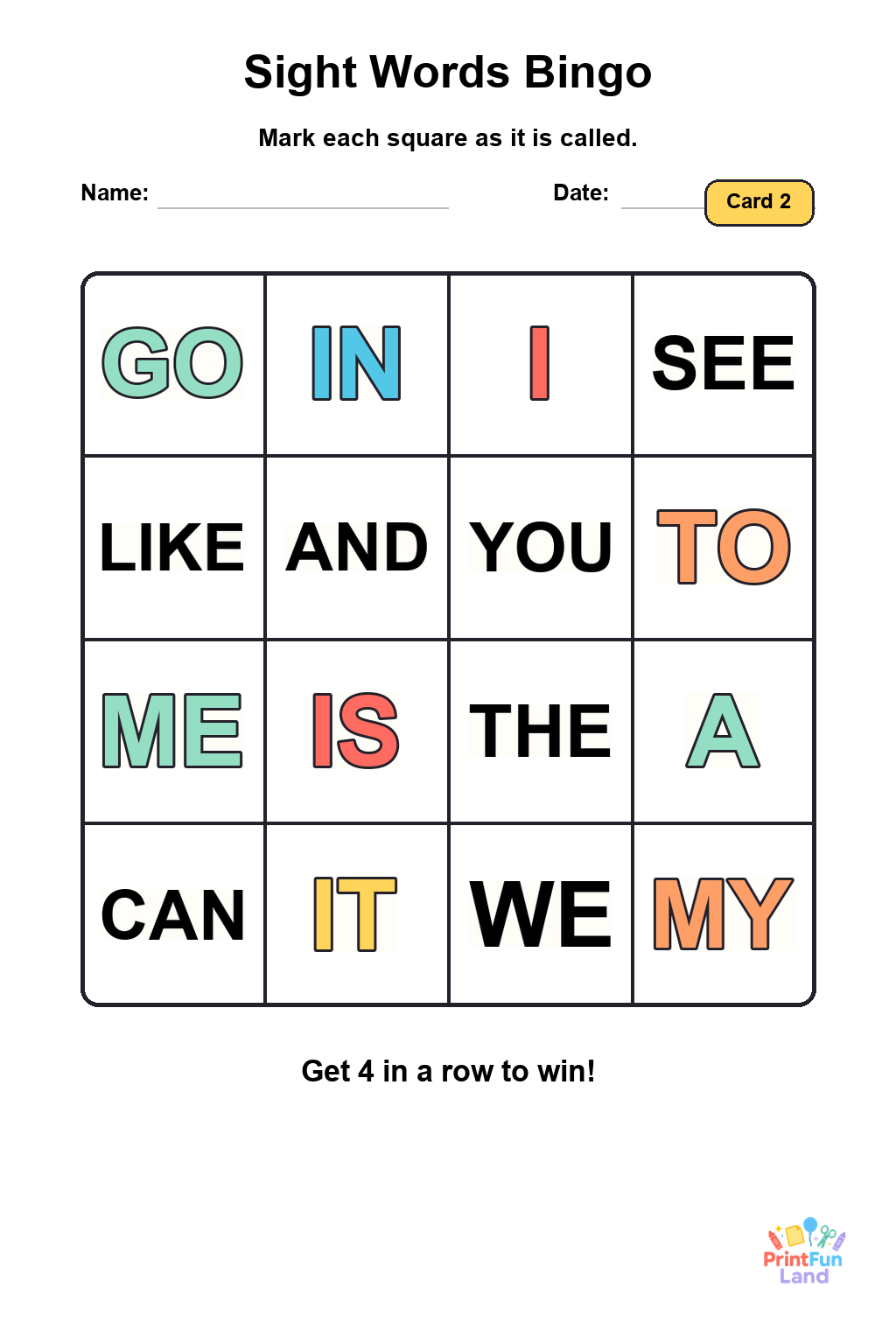 Sight Words Bingo for Preschoolers printable page 2