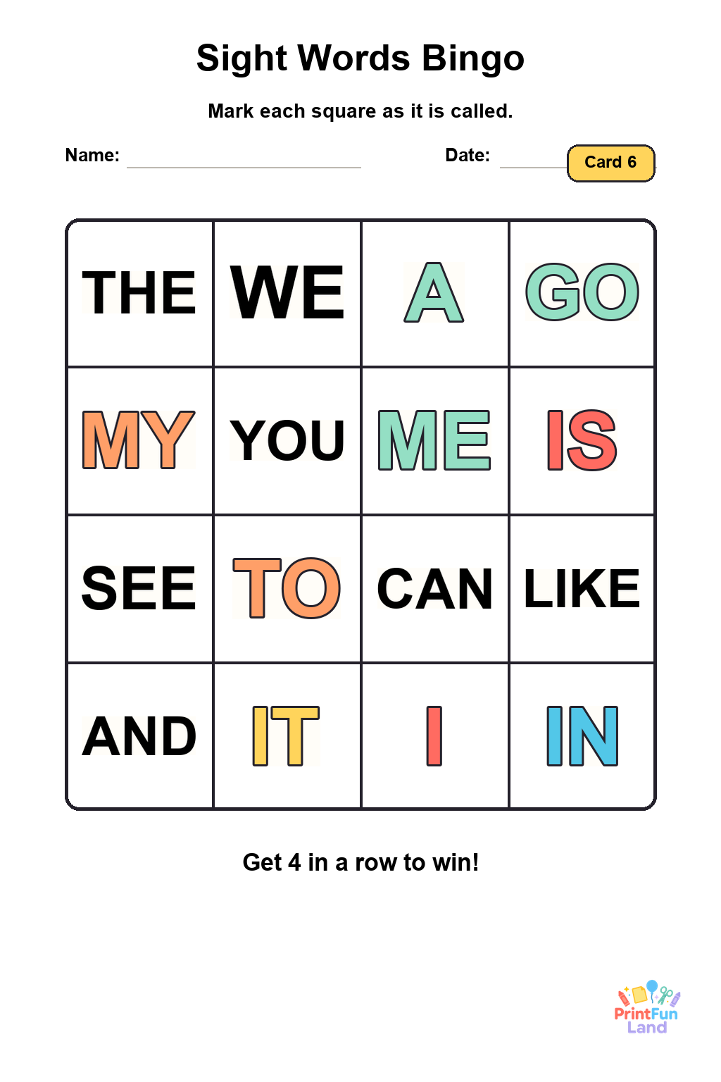 Sight Words Bingo for Preschoolers printable page 6