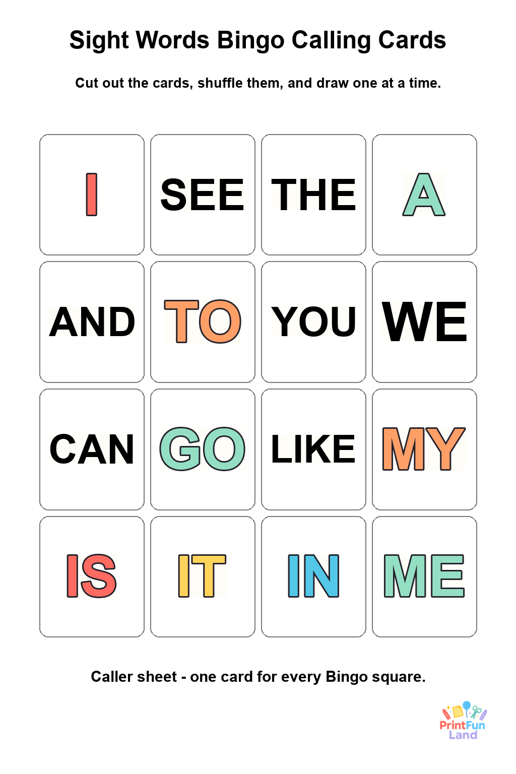 Sight Words Bingo for Preschoolers printable page 9