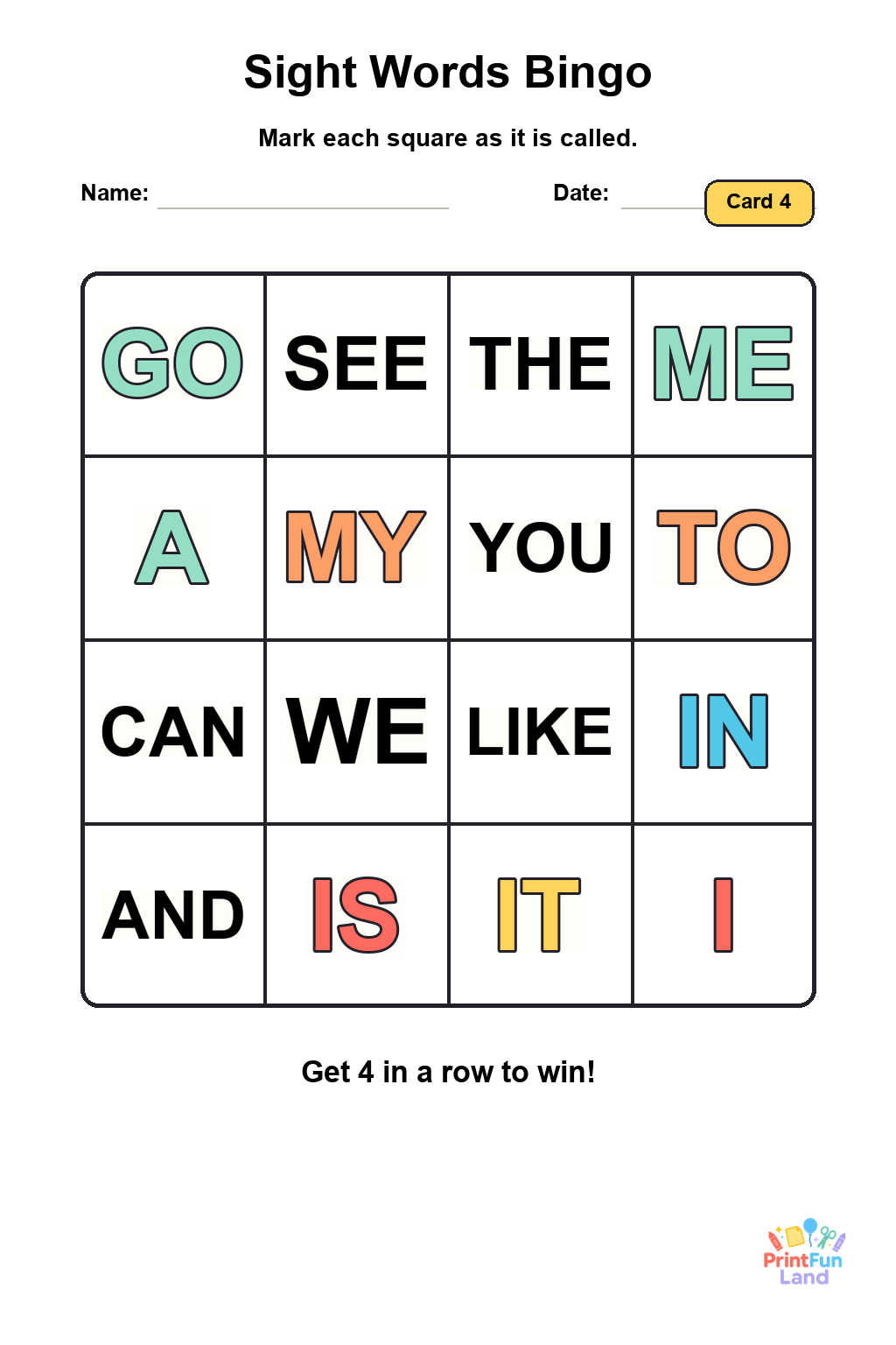 Sight Words Bingo for Preschoolers printable page 4