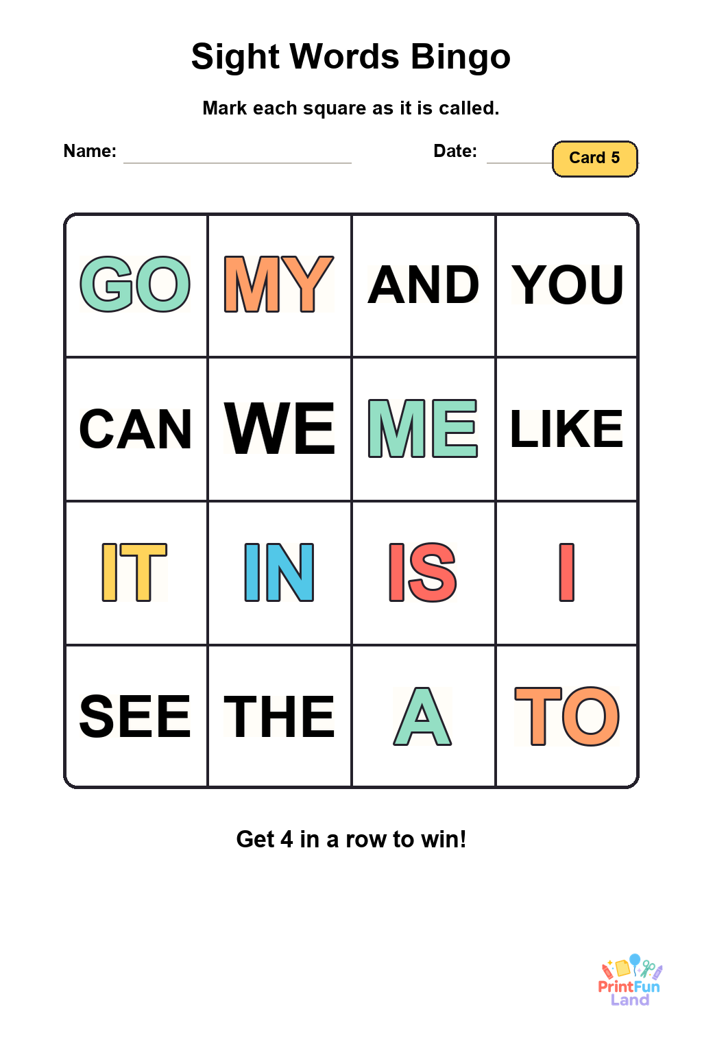 Sight Words Bingo for Preschoolers printable page 5