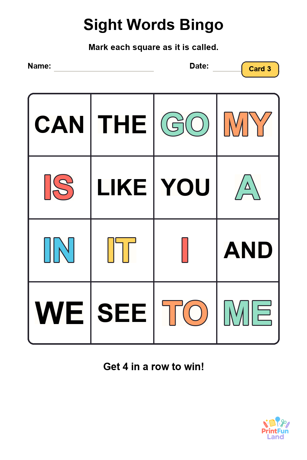 Sight Words Bingo for Preschoolers printable page 3