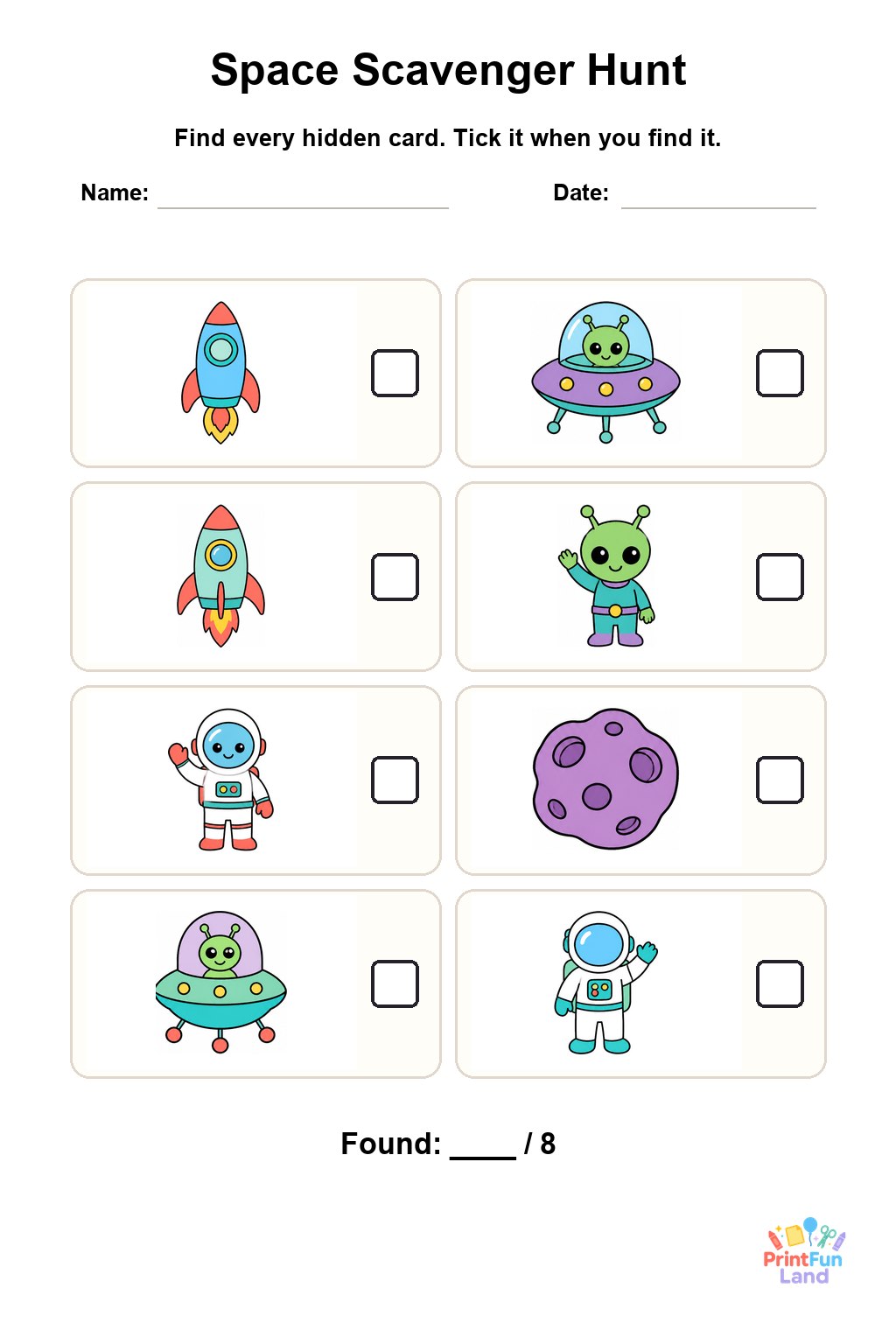 Space Scavenger Hunt for Preschoolers printable page 1