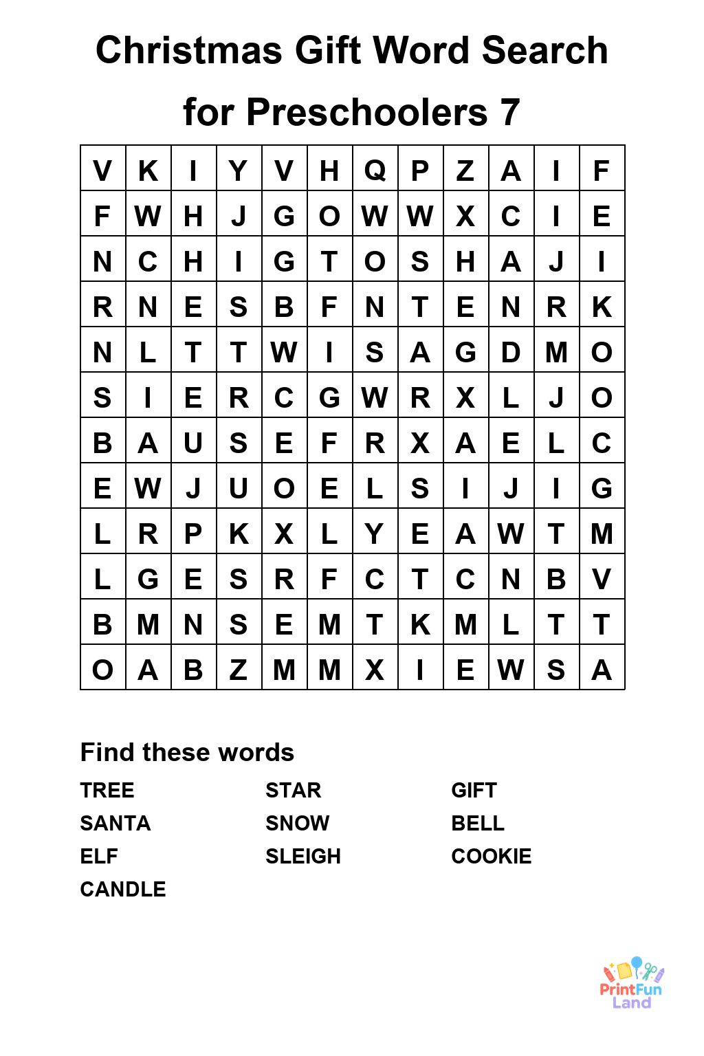Christmas Gift Word Search for Preschoolers printable page 7