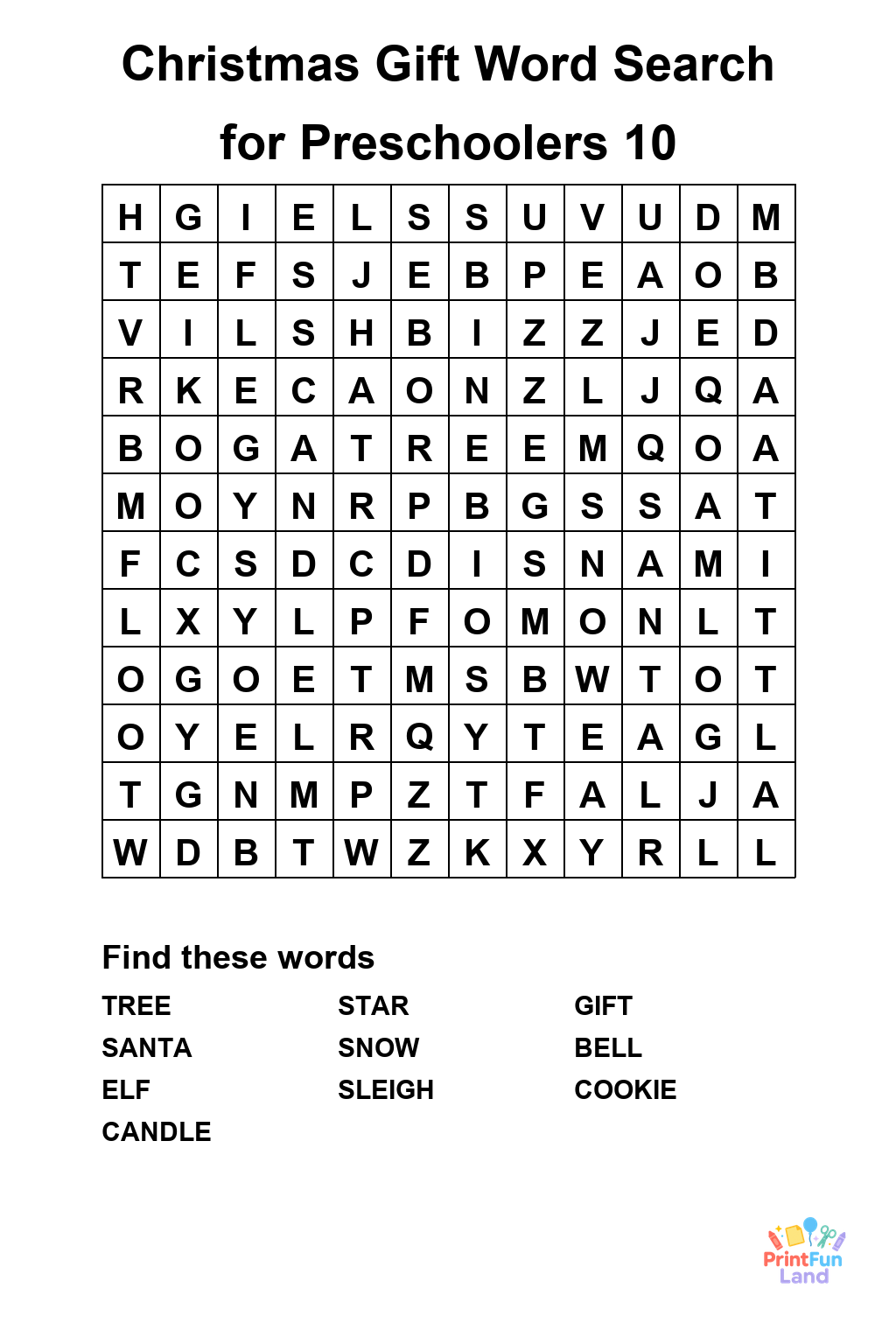 Christmas Gift Word Search for Preschoolers printable page 10