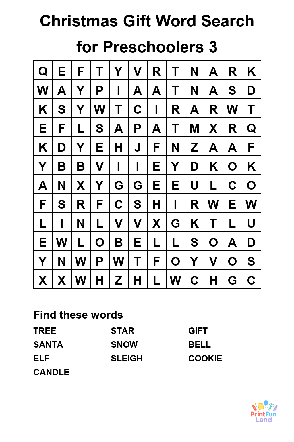 Christmas Gift Word Search for Preschoolers printable page 3