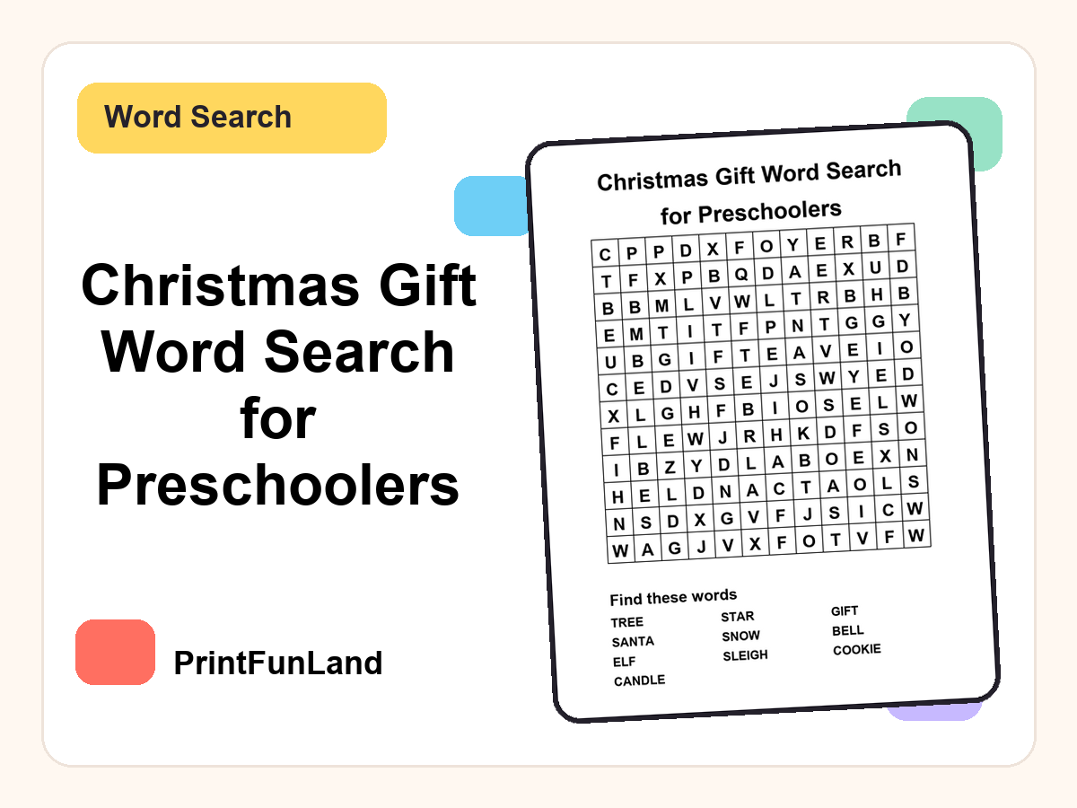 Christmas Gift Word Search for Preschoolers printable preview