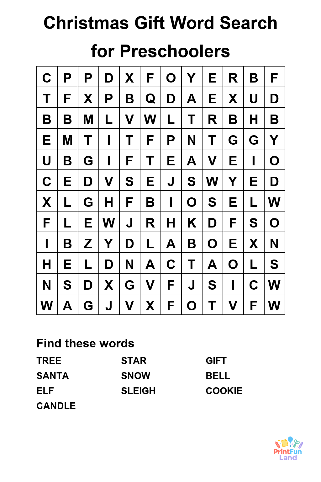 Christmas Gift Word Search for Preschoolers printable page 1