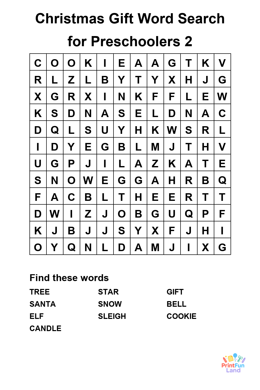 Christmas Gift Word Search for Preschoolers printable page 2