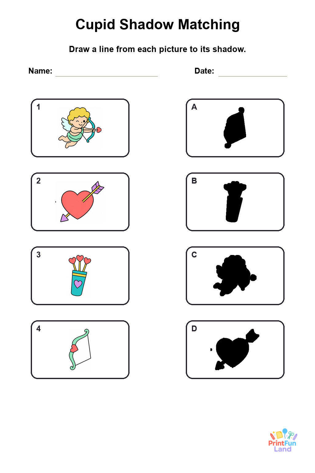 Cupid Matching Games for Preschoolers printable page 1