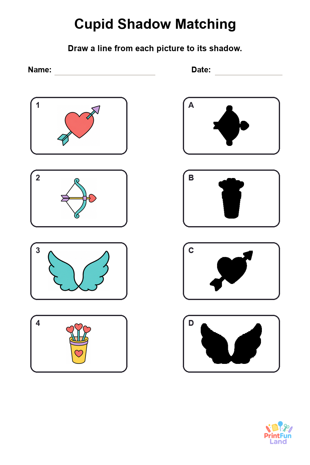 Cupid Matching Games for Preschoolers printable page 3