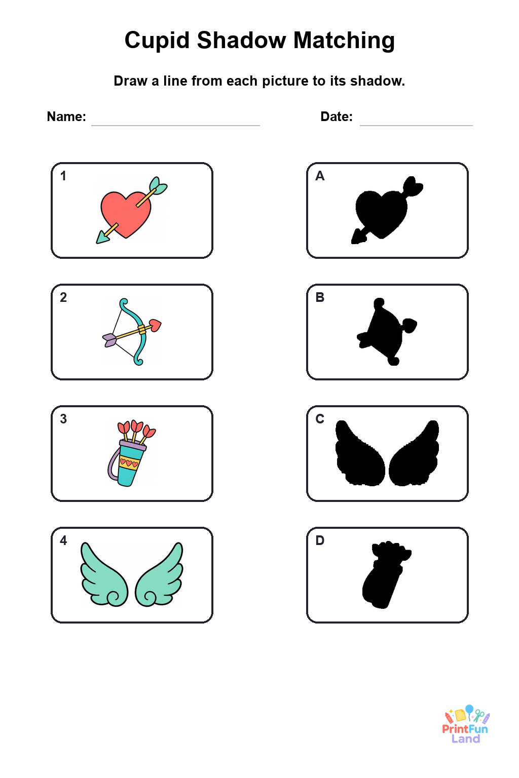 Cupid Matching Games for Preschoolers printable page 2