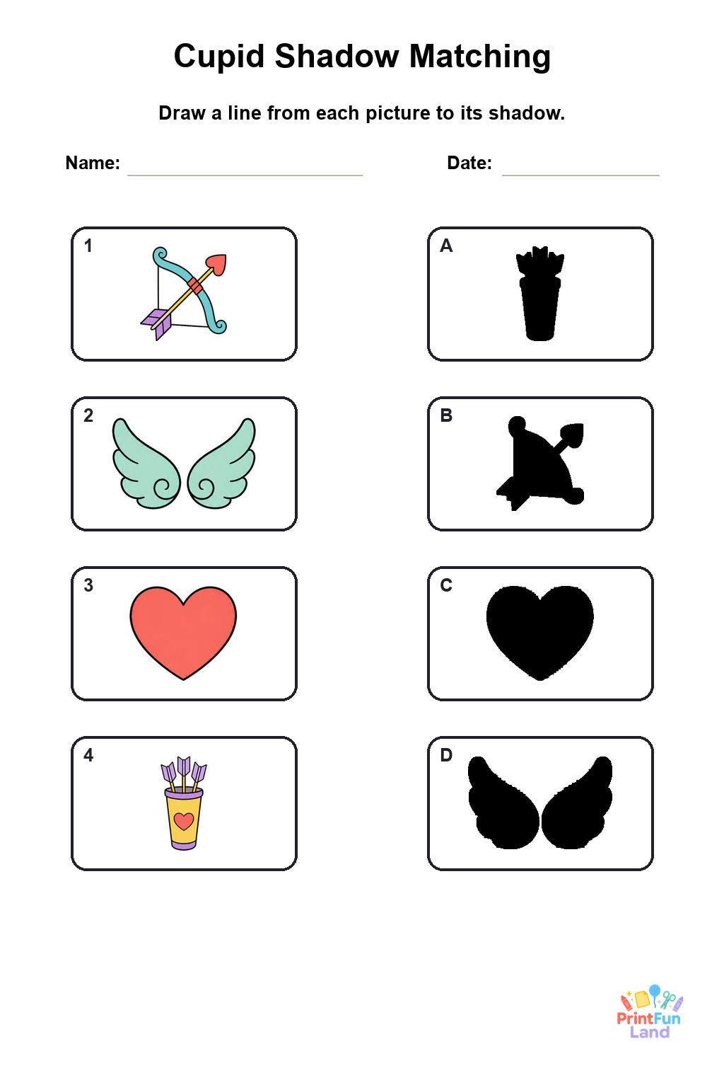 Cupid Matching Games for Preschoolers printable page 6