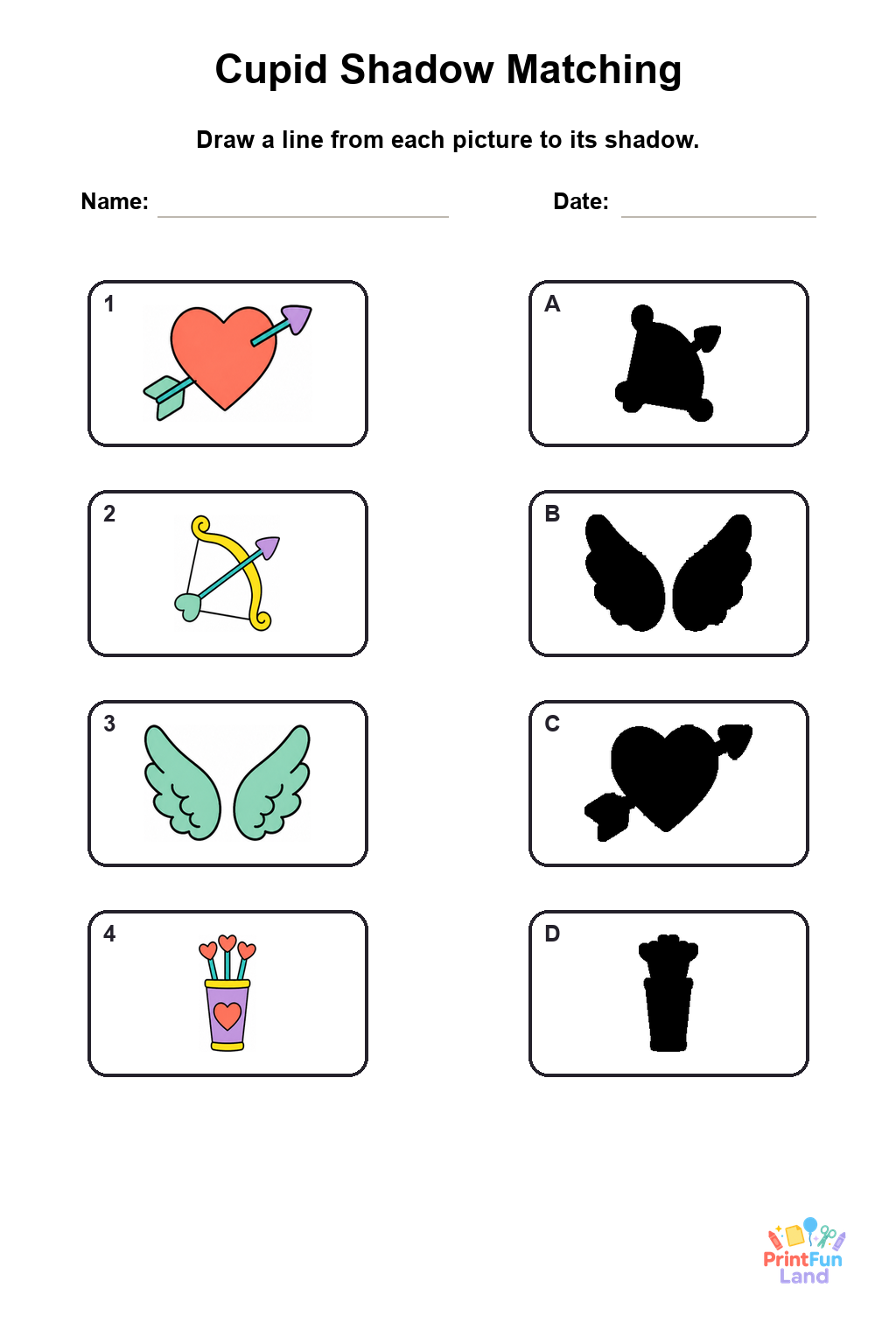 Cupid Matching Games for Preschoolers printable page 4