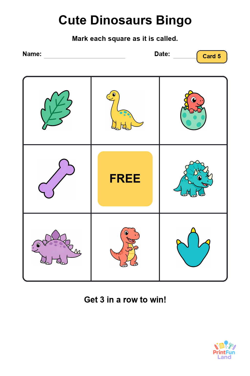 Cute Dinosaurs Bingo for Preschoolers printable page 5