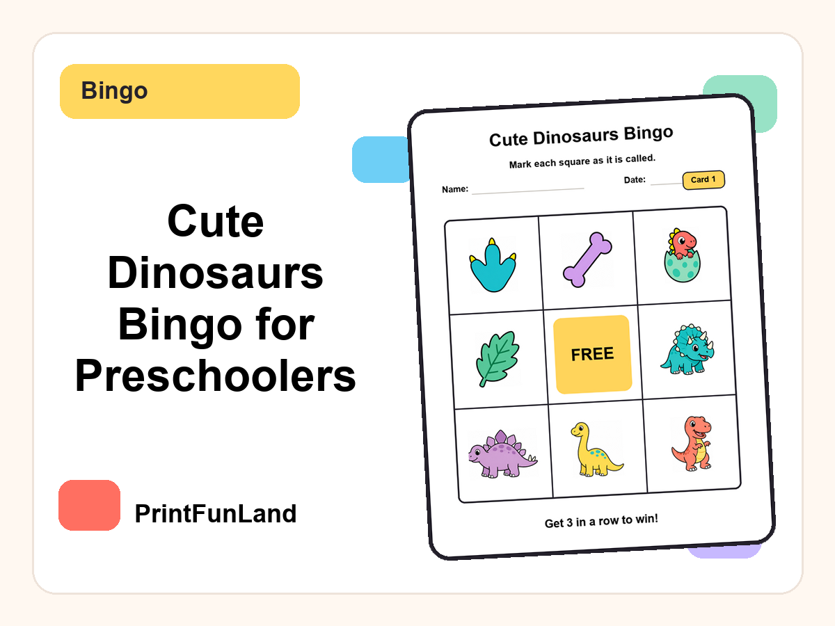 Cute Dinosaurs Bingo for Preschoolers printable preview