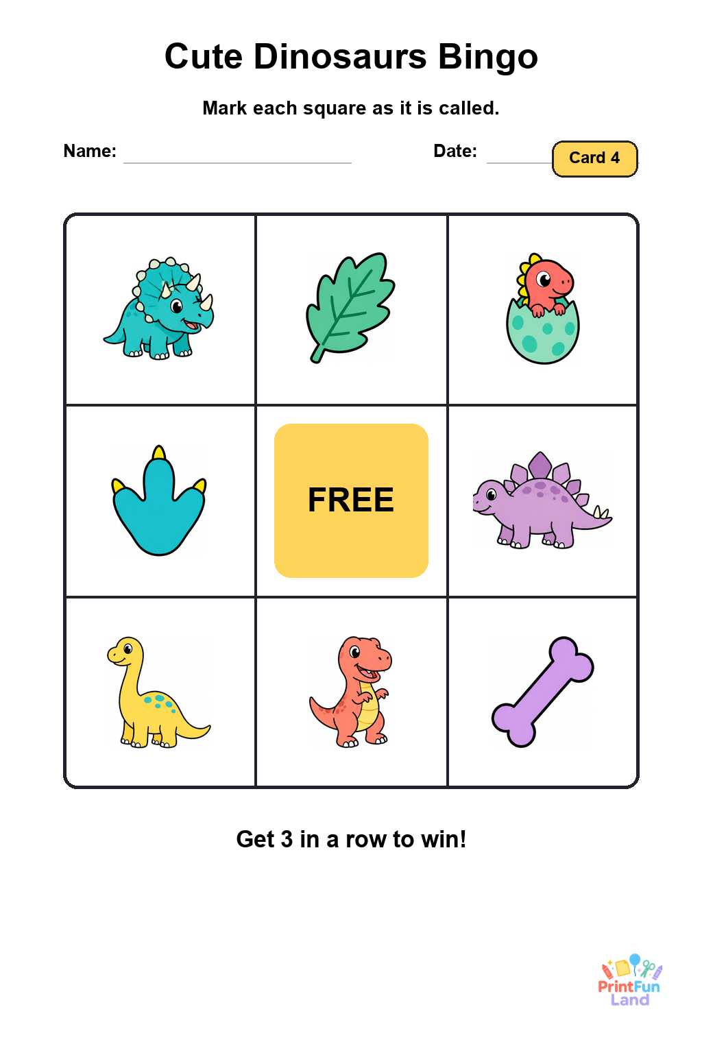 Cute Dinosaurs Bingo for Preschoolers printable page 4