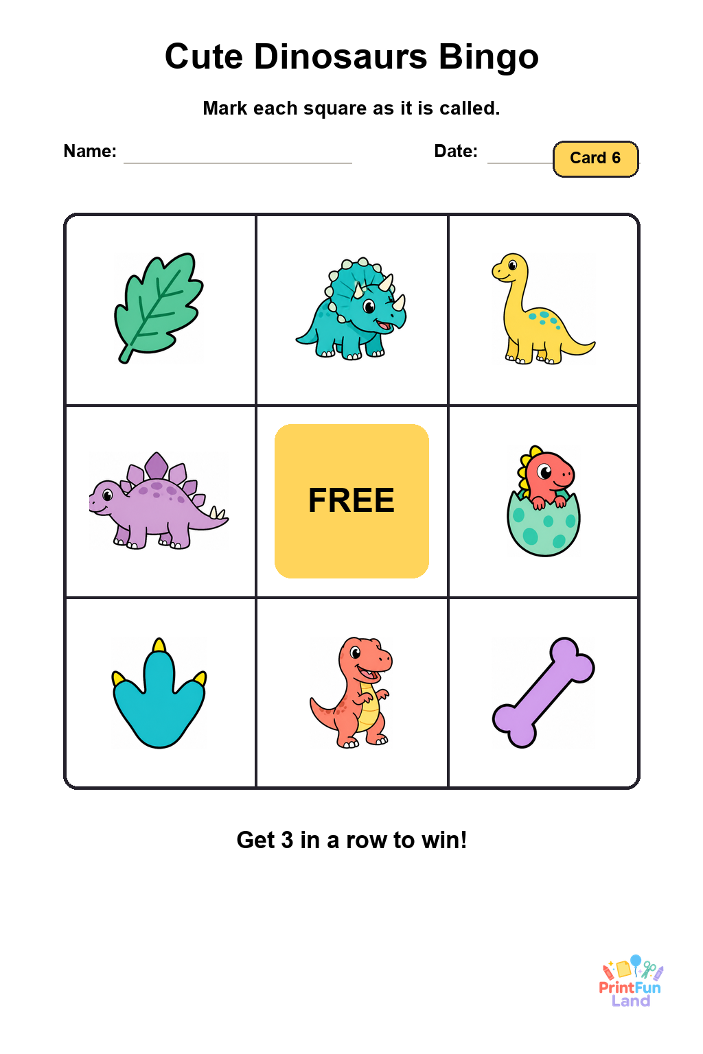 Cute Dinosaurs Bingo for Preschoolers printable page 6