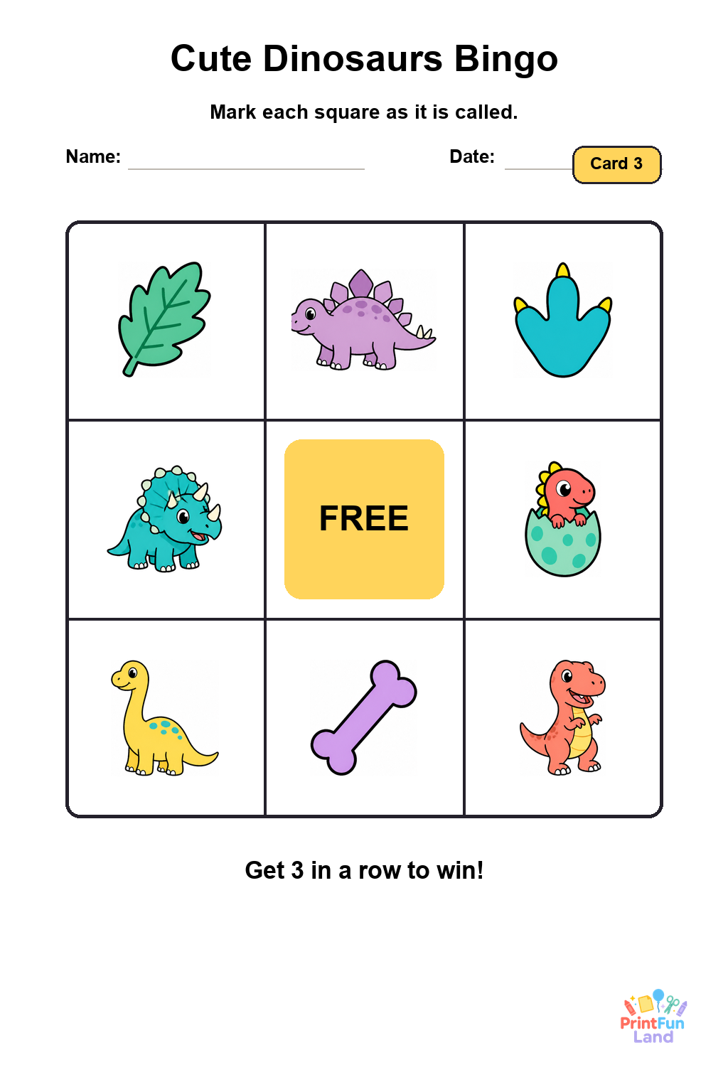 Cute Dinosaurs Bingo for Preschoolers printable page 3