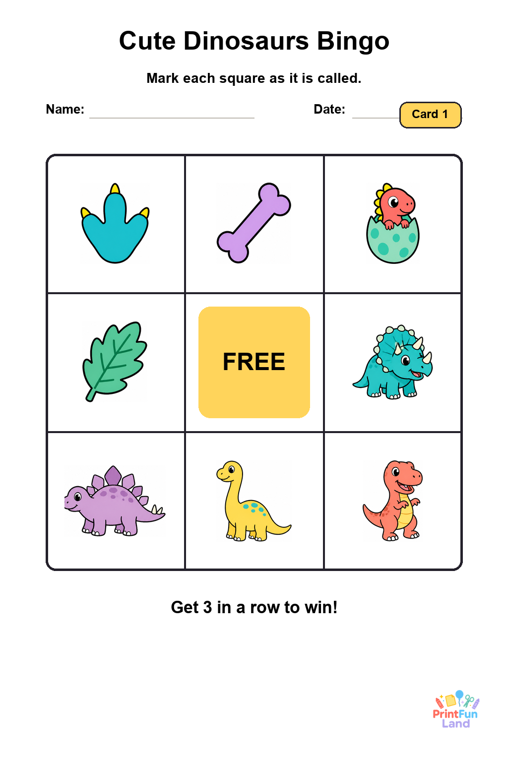 Cute Dinosaurs Bingo for Preschoolers printable page 1