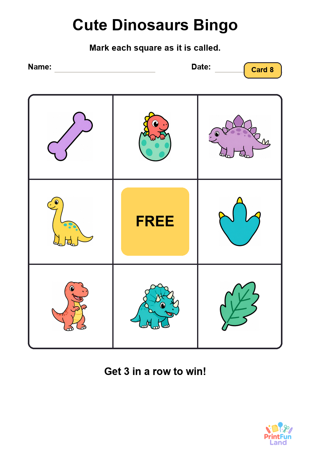 Cute Dinosaurs Bingo for Preschoolers printable page 8