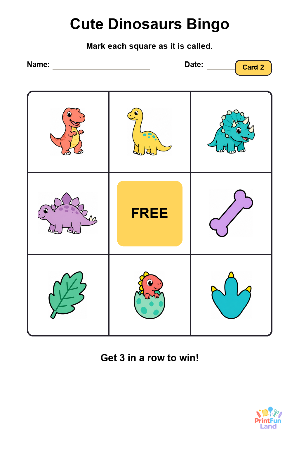 Cute Dinosaurs Bingo for Preschoolers printable page 2