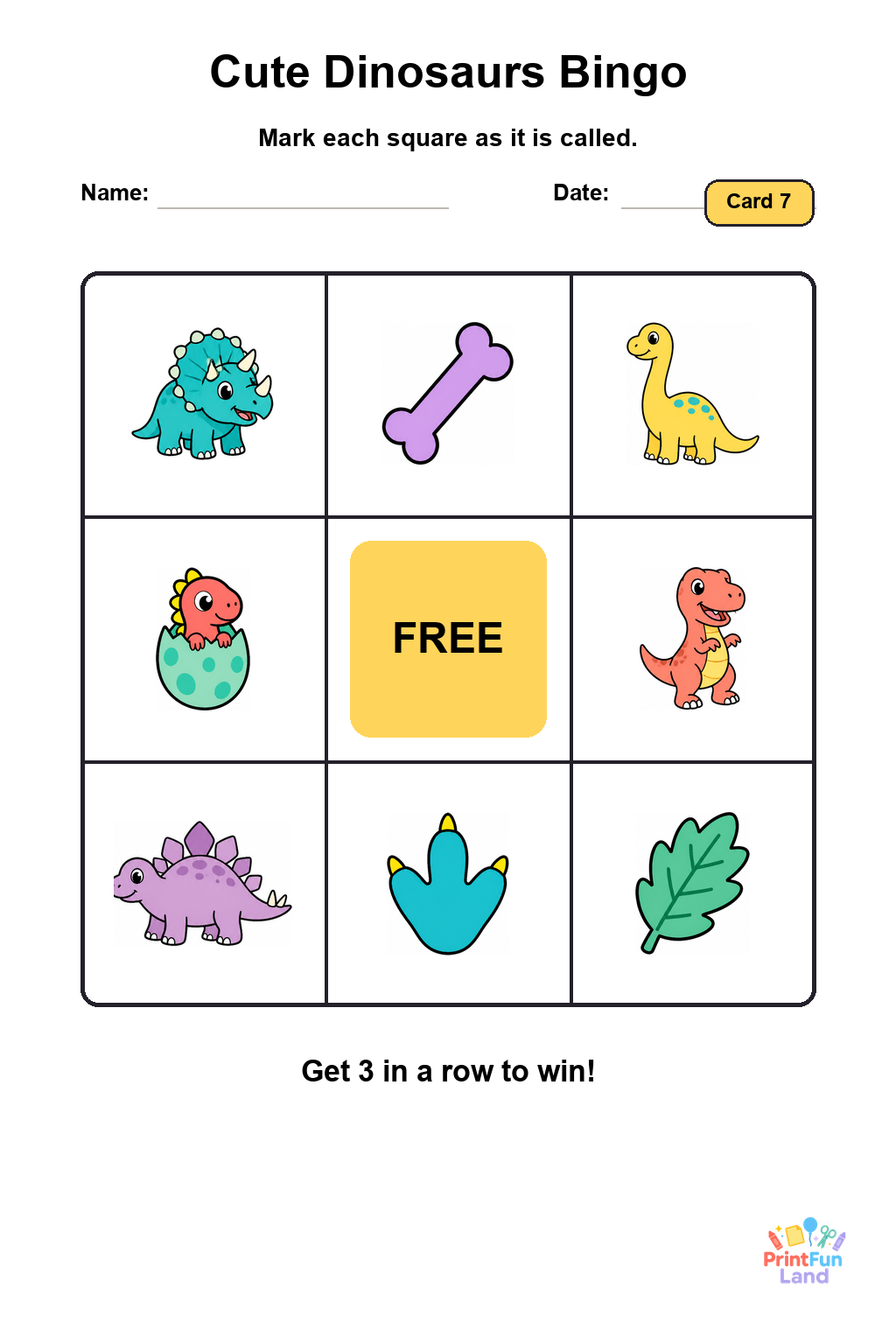 Cute Dinosaurs Bingo for Preschoolers printable page 7
