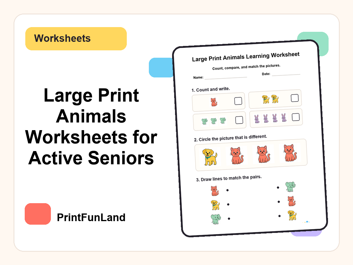 Large Print Animals Worksheets for Active Seniors printable preview