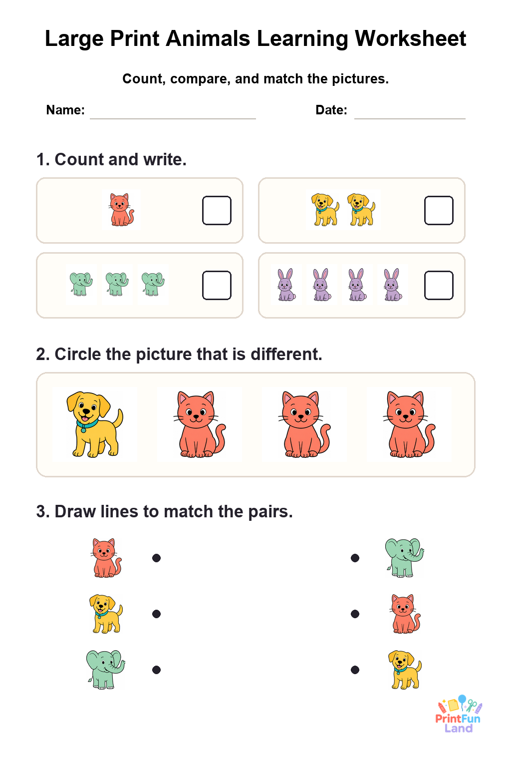 Large Print Animals Worksheets for Active Seniors printable page 1