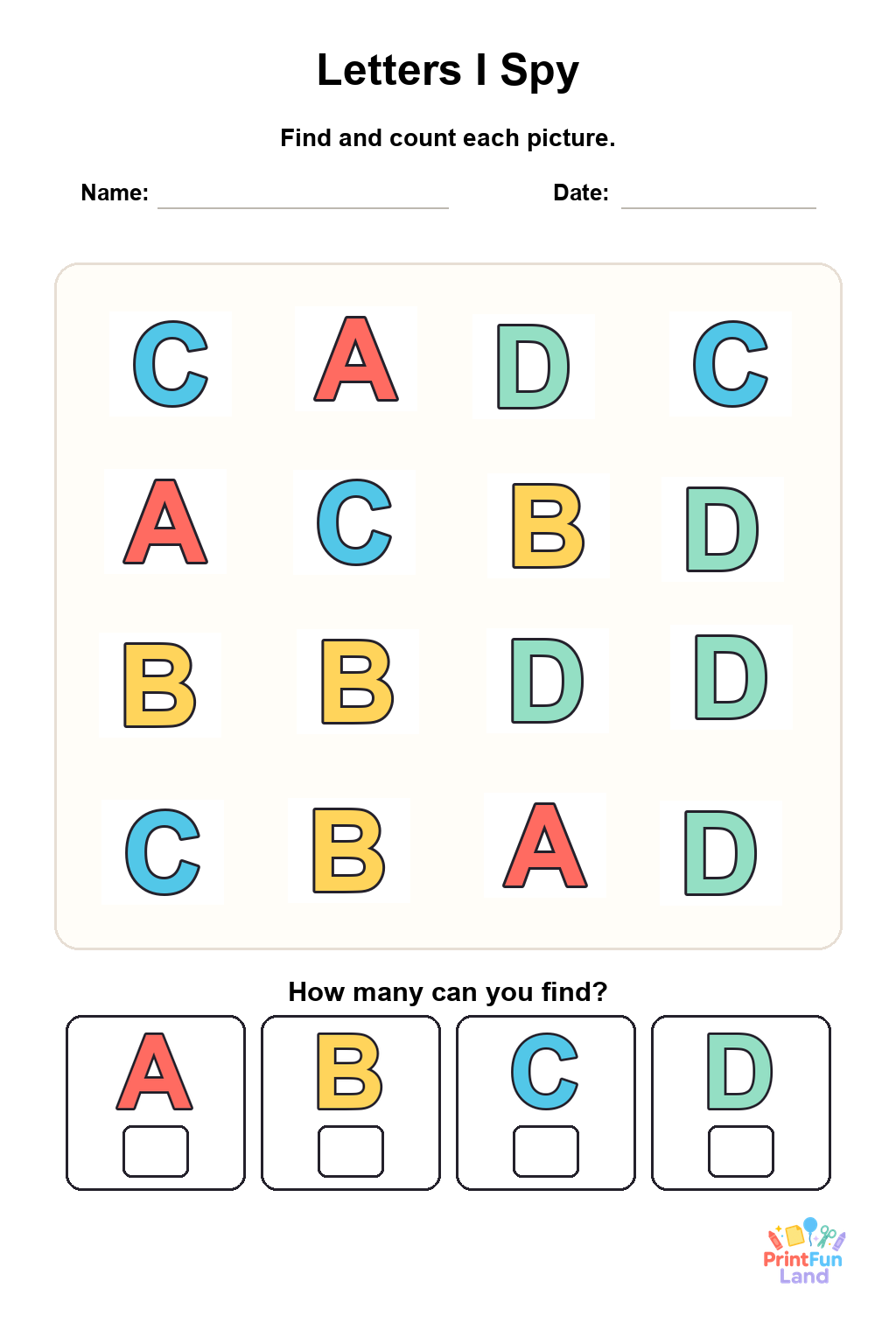 Letters I Spy for Preschoolers printable page 1