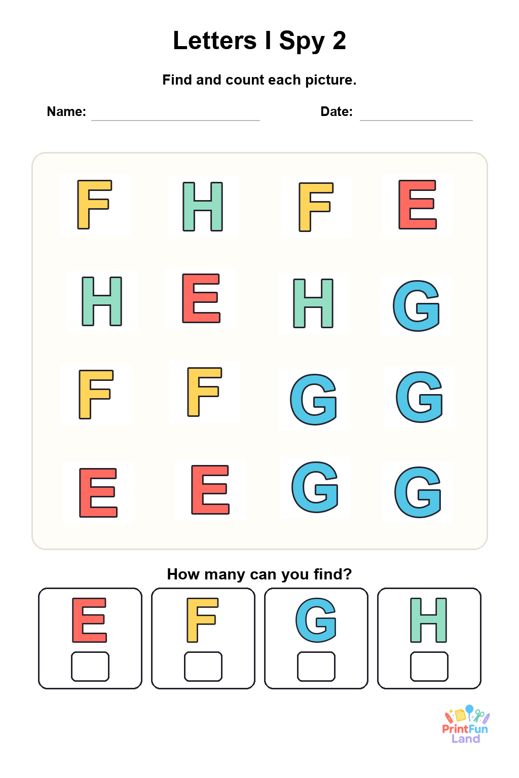 Letters I Spy for Preschoolers printable page 2