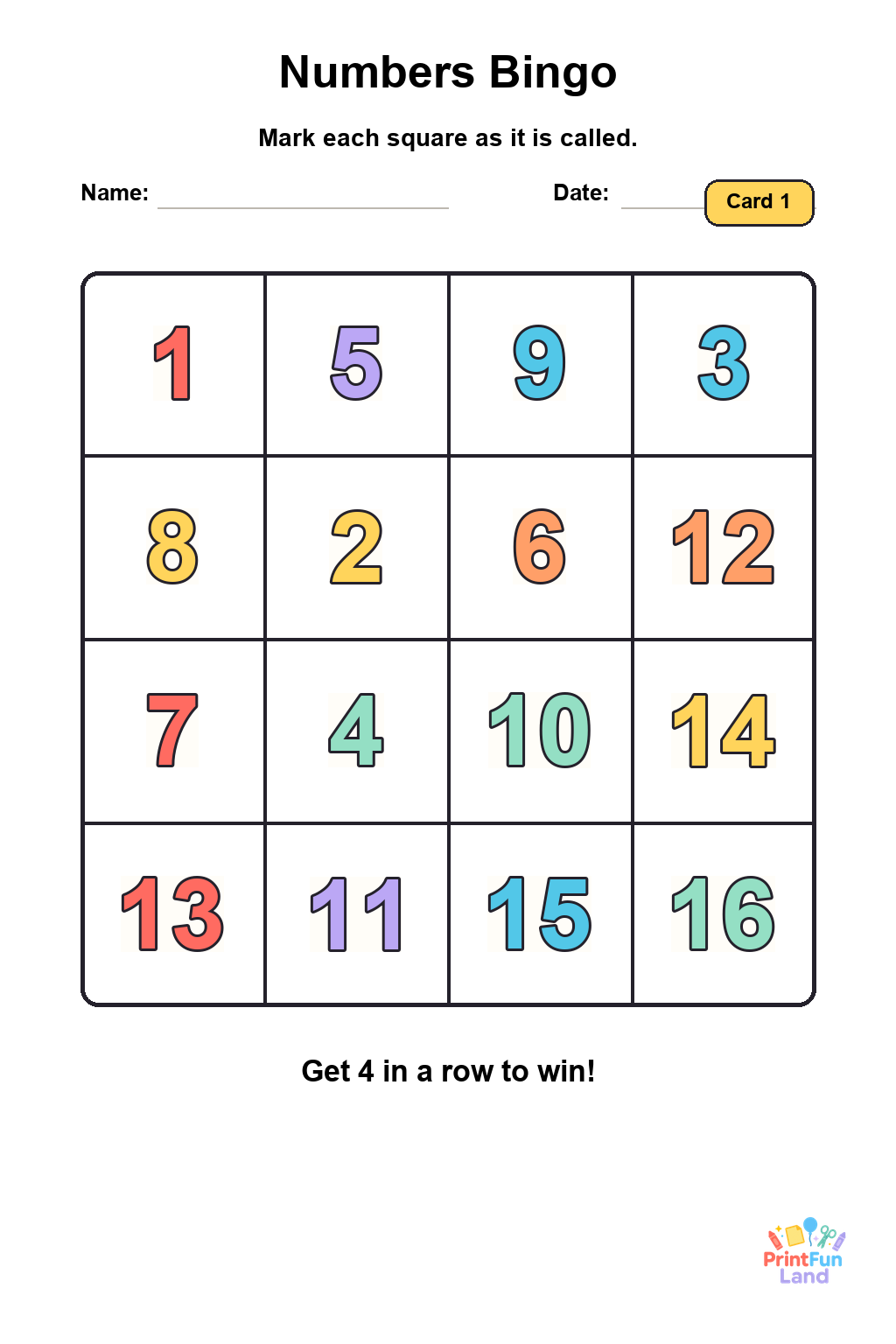 Numbers Bingo for Preschoolers printable page 1