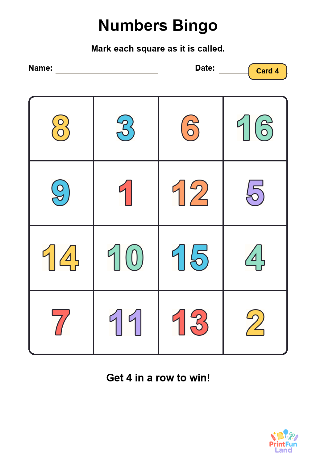 Numbers Bingo for Preschoolers printable page 4