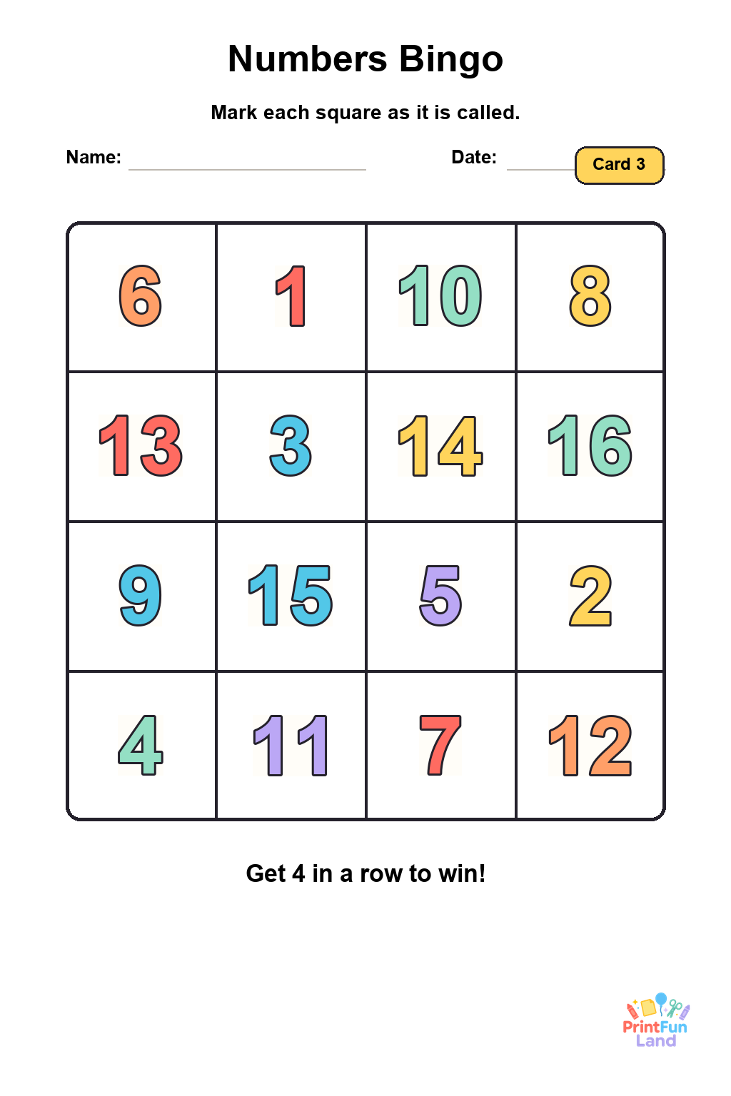 Numbers Bingo for Preschoolers printable page 3