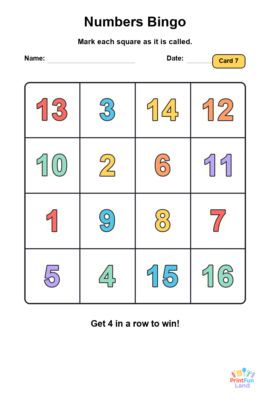 Numbers Bingo for Preschoolers printable page 7