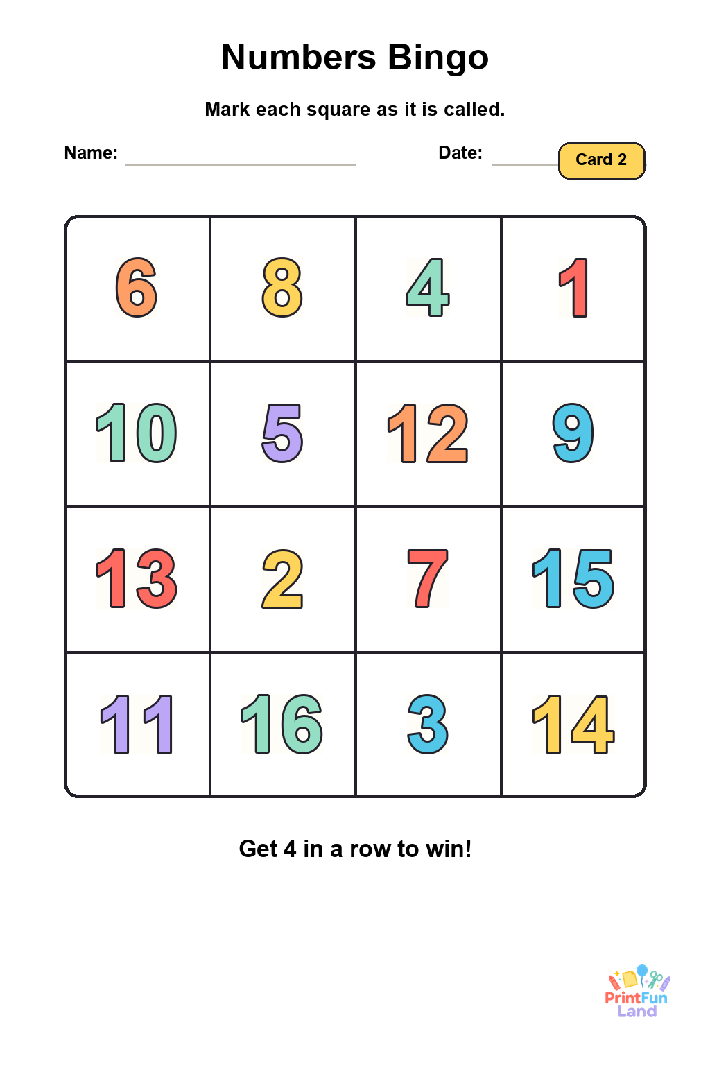 Numbers Bingo for Preschoolers printable page 2