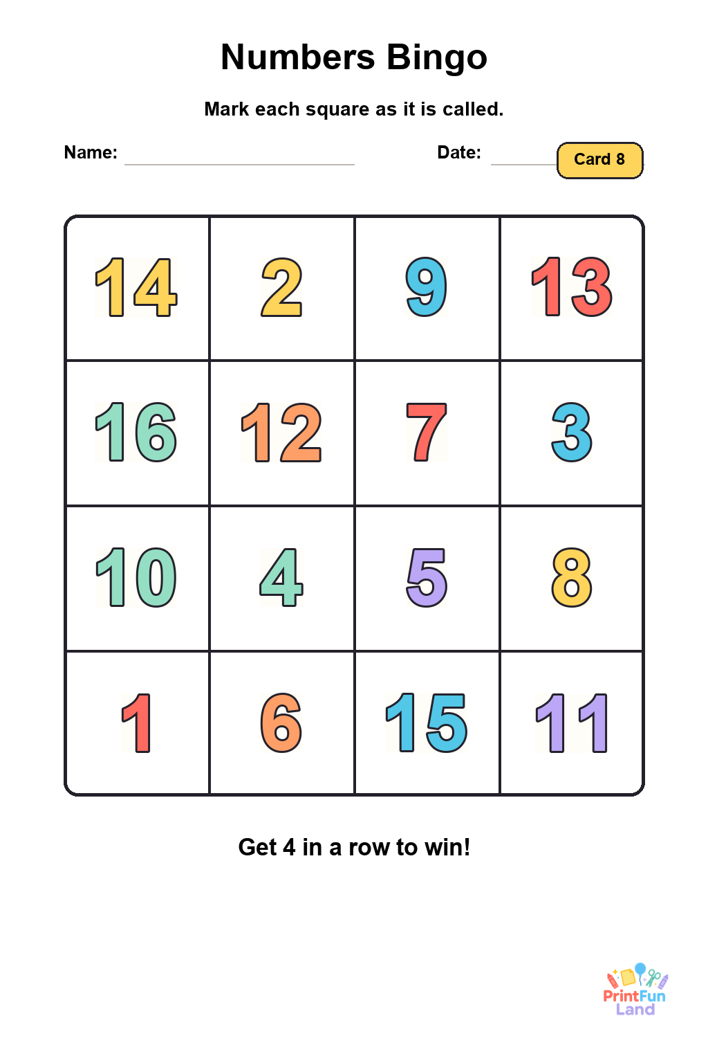 Numbers Bingo for Preschoolers printable page 8