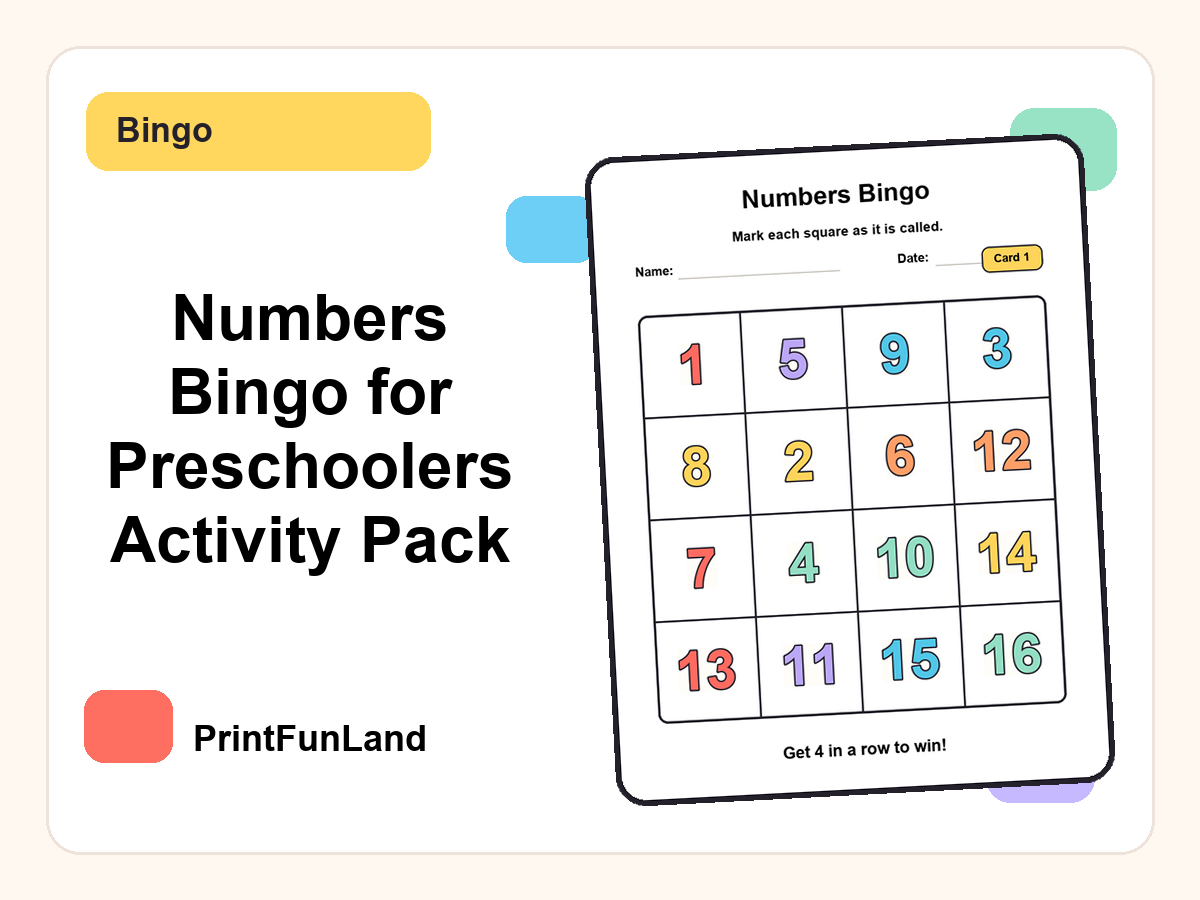 Numbers Bingo for Preschoolers printable preview