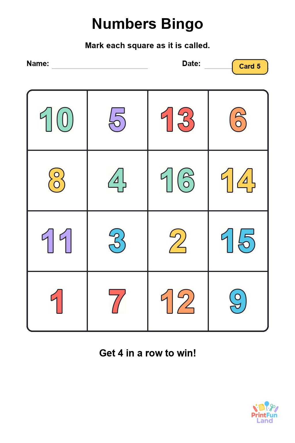 Numbers Bingo for Preschoolers printable page 5