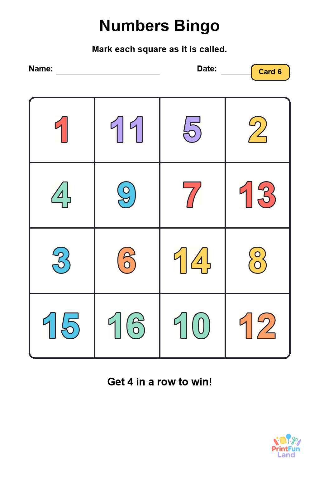 Numbers Bingo for Preschoolers printable page 6