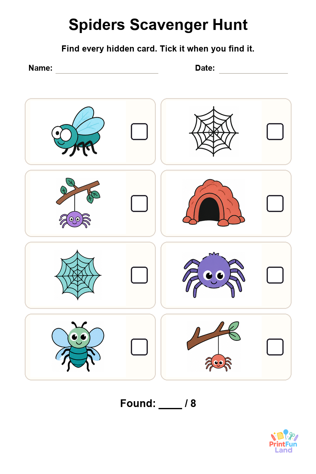 Spiders Scavenger Hunt for Preschoolers printable page 1
