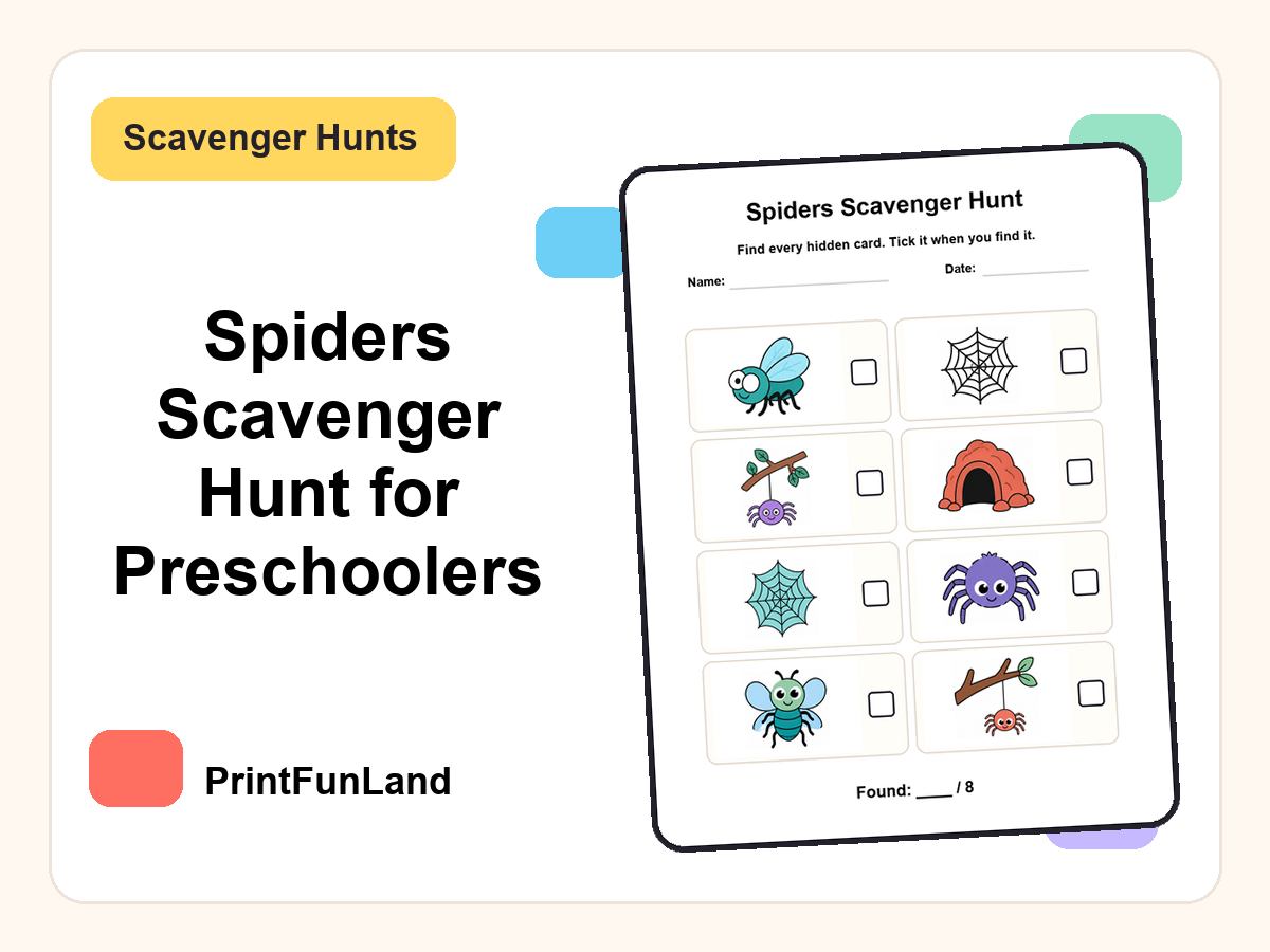 Spiders Scavenger Hunt for Preschoolers printable preview