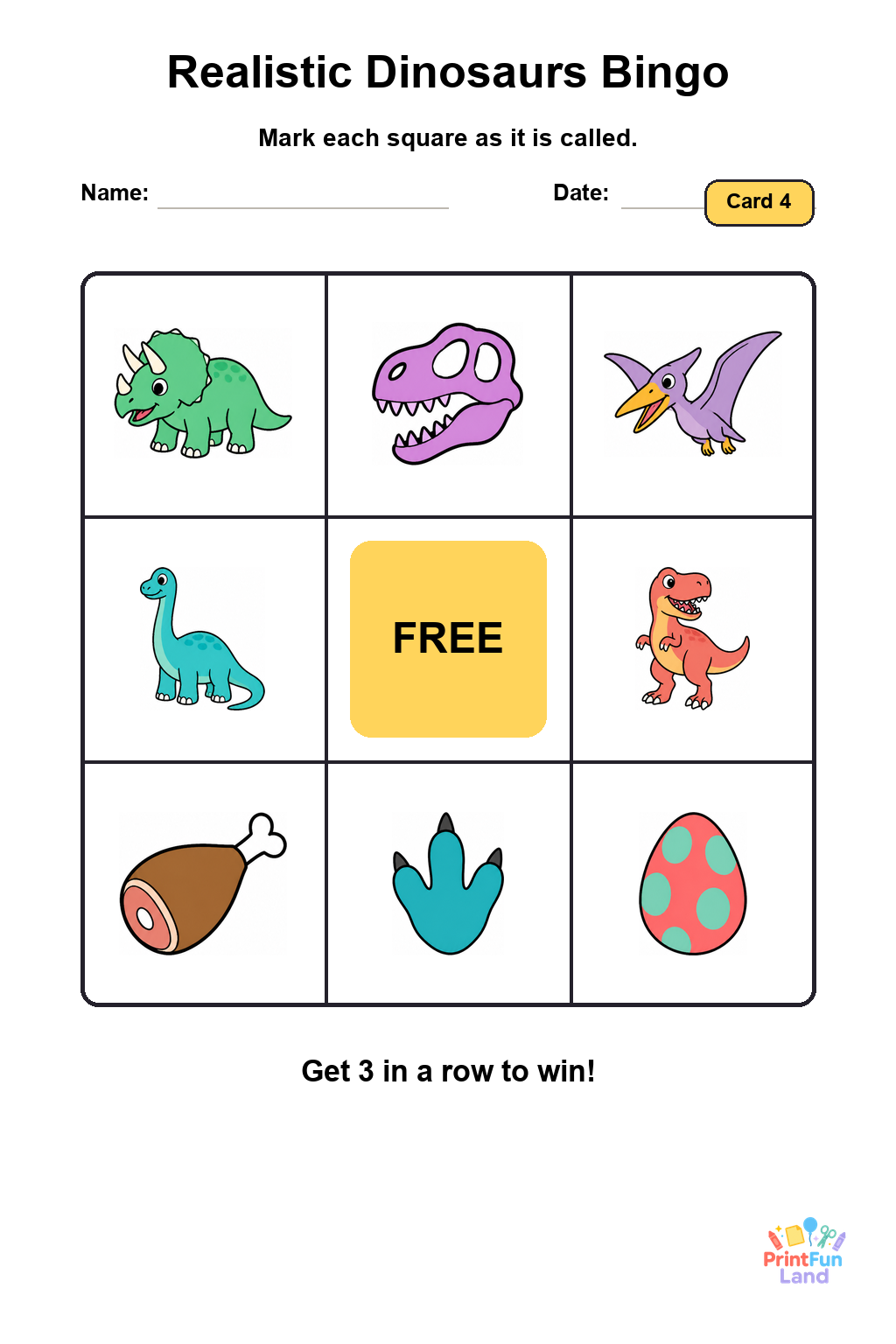 Realistic Dinosaurs Bingo for Preschoolers printable page 4