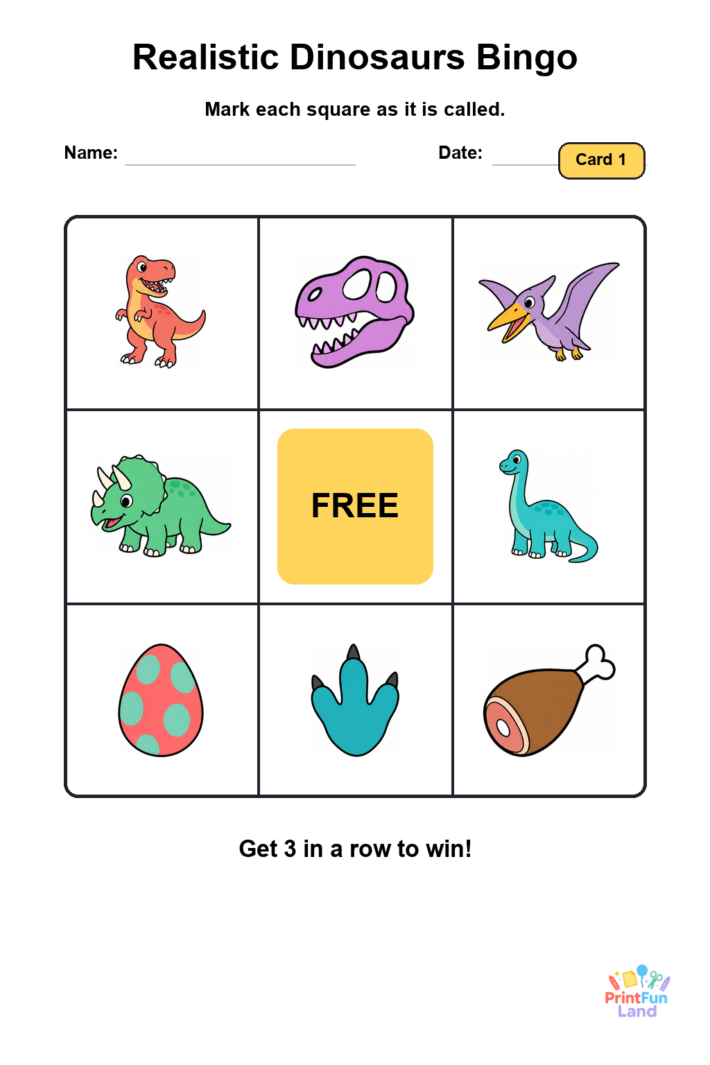 Realistic Dinosaurs Bingo for Preschoolers printable page 1