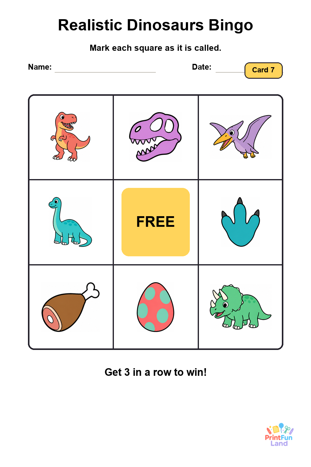 Realistic Dinosaurs Bingo for Preschoolers printable page 7
