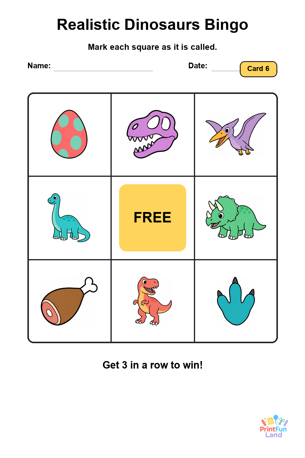 Realistic Dinosaurs Bingo for Preschoolers printable page 6