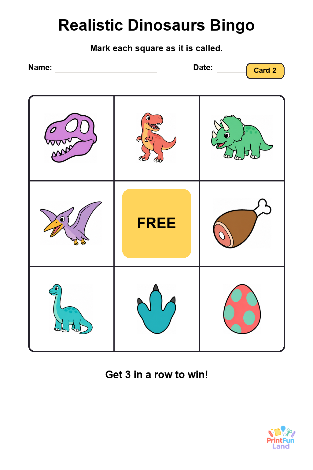 Realistic Dinosaurs Bingo for Preschoolers printable page 2