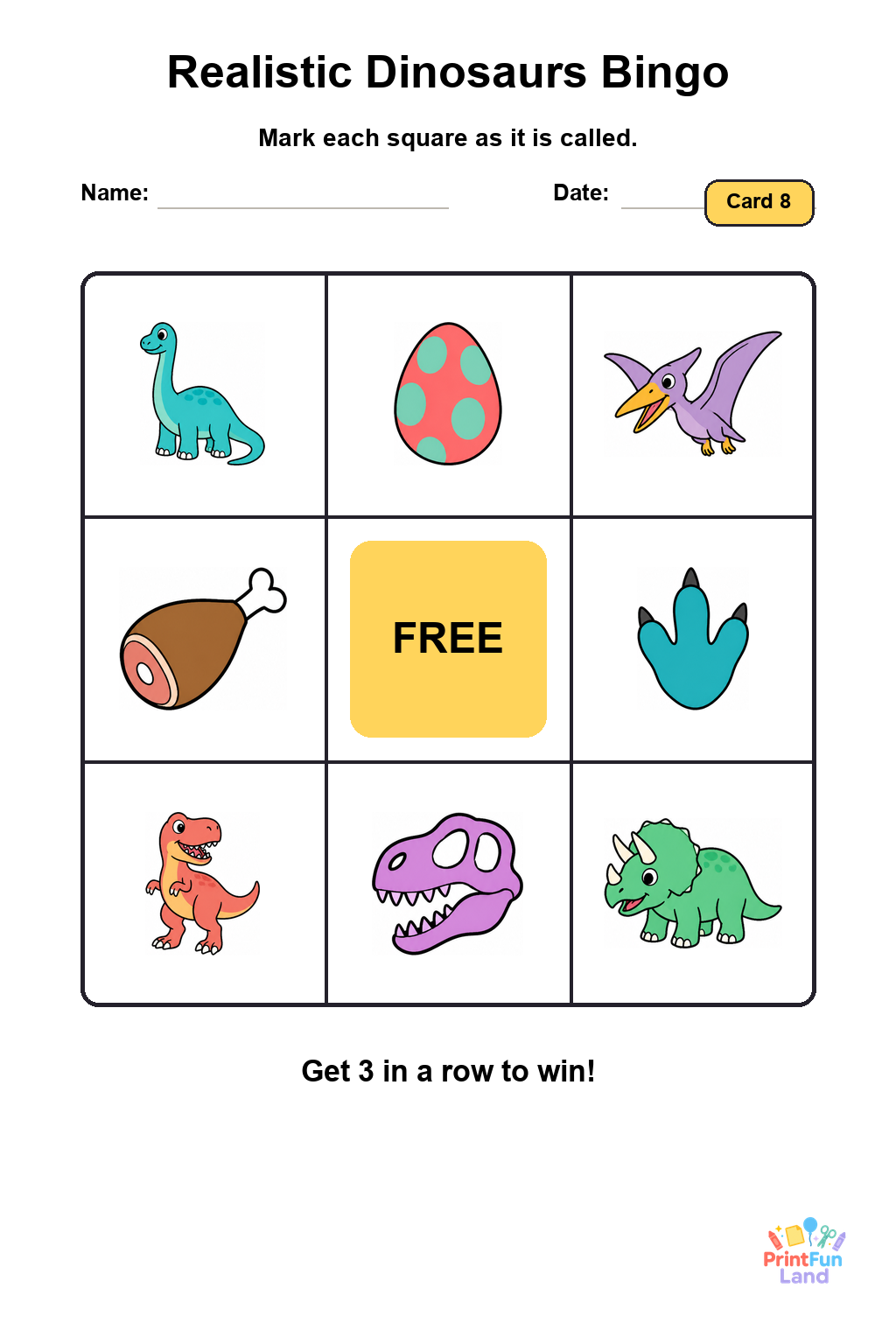 Realistic Dinosaurs Bingo for Preschoolers printable page 8