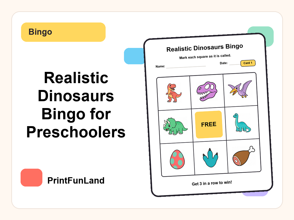 Realistic Dinosaurs Bingo for Preschoolers printable preview