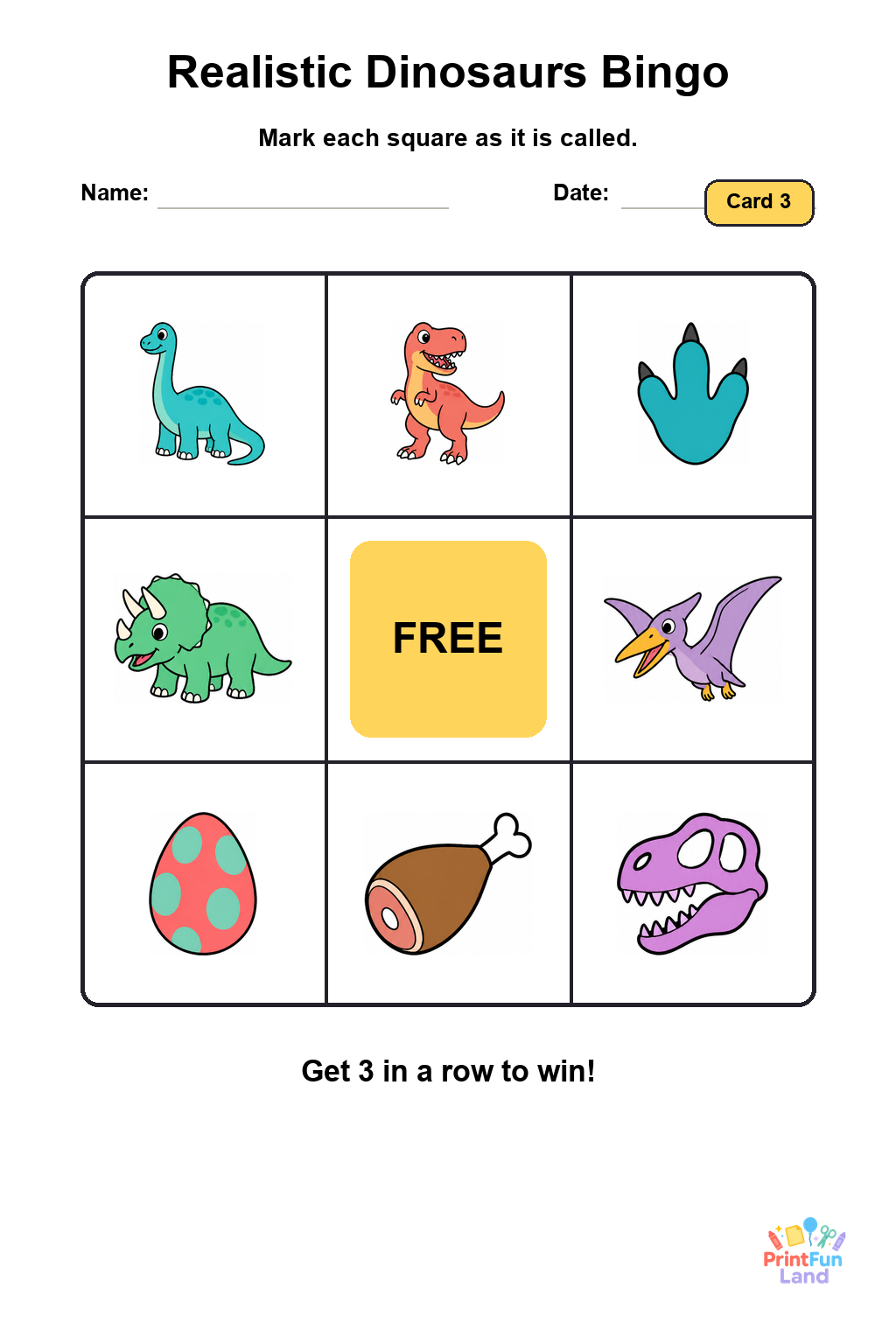 Realistic Dinosaurs Bingo for Preschoolers printable page 3
